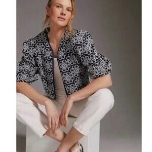 Anthropologie Maeve Embroidered Floral Shrug Cardigan One Size Navy Boho Crop